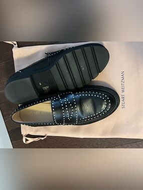 Stuart Weitzman Black Leather Studded Penny Loafers